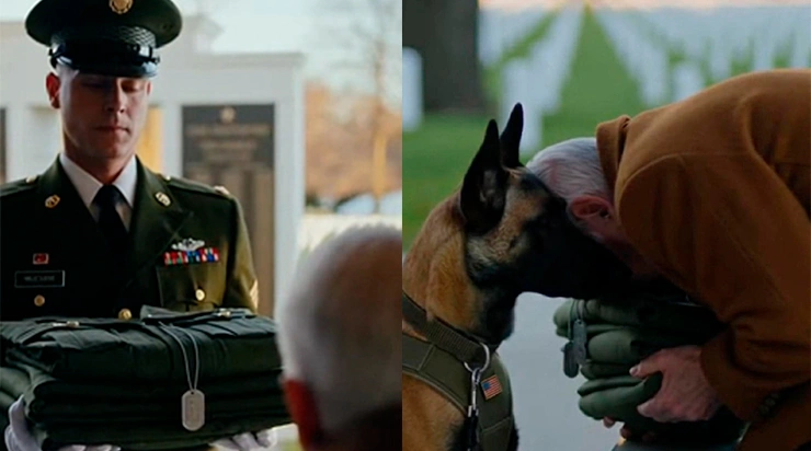 Le père tenait l’uniforme de son fils, le chien refusait de s’éloigner… mais personne n’imaginait ce que contenait son collier.