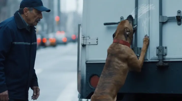 Le chien était soudain apparu au milieu de la route et tentait d’ouvrir les portes arrière du camion… et lorsque celles-ci se sont enfin ouvertes, tout le monde s’est mis à pleurer.