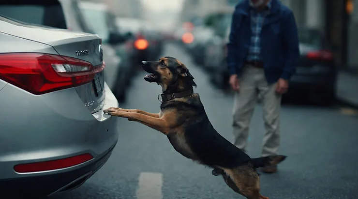 Quand le conducteur ouvre enfin le coffre de la voiture, toute la rue se fige… et tout le monde comprend enfin pourquoi le chien essayait obstinément de l’ouvrir