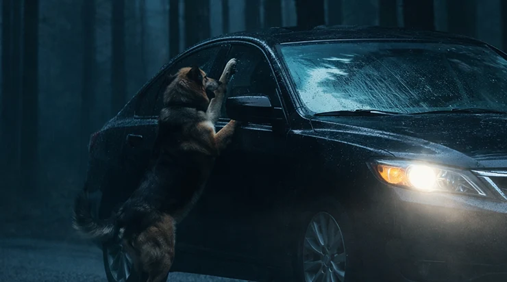 Sur la route, un chien surgit soudain de la forêt et se jeta devant notre voiture… tandis que nous tentions de comprendre ce qui se passait, un homme courait vers nous au loin