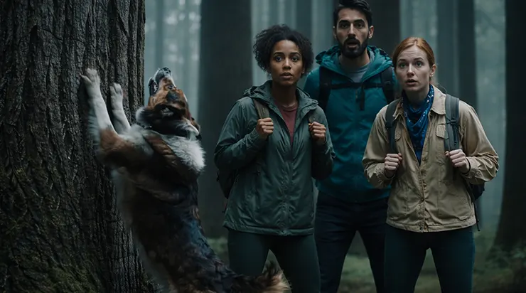 Un chien, visiblement pris de panique, tentait désespérément de grimper à un immense arbre…