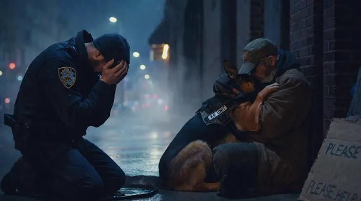 Quand le policier comprit enfin pourquoi son chien de service serrait un homme sans-abri dans ses bras, il s’agenouilla… et se mit à pleurer