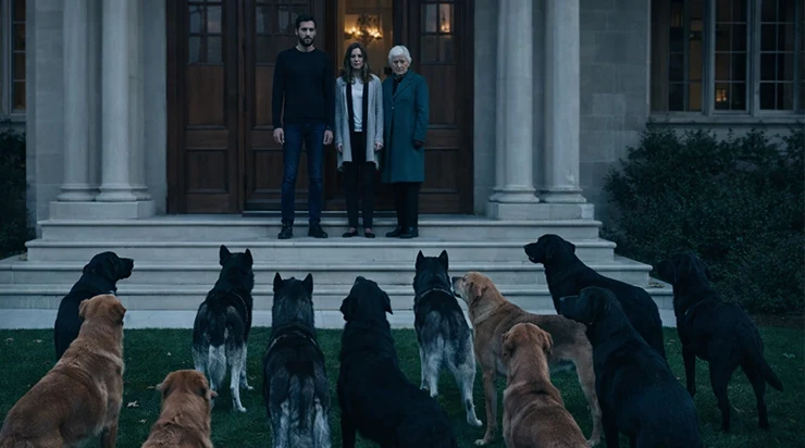 Un matin ordinaire, toute une famille sortit dans la cour et fut témoin de la scène étrange où un groupe de chiens aboyait simultanément en fixant leur luxueuse demeure