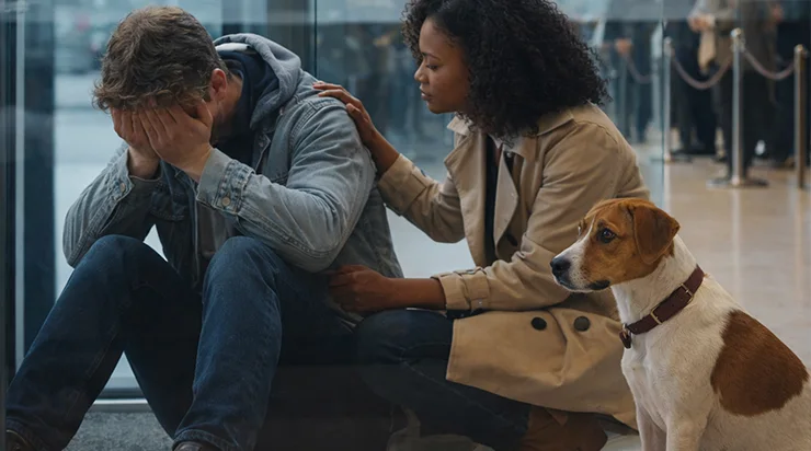 Il était assis par terre devant la banque, en pleurs, tandis qu’à l’intérieur, son chien cherchait désespérément de l’aide