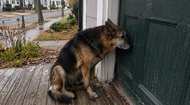 Ce berger allemand est assis devant la porte de mon voisin depuis trois jours, immobile comme une sentinelle