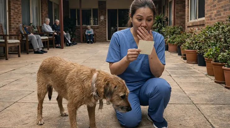 Dans la cour de la maison de retraite, un chien épuisé aboyait sans arrêt depuis des jours, jusqu’à ce qu’une des infirmières remarque un papier plié caché sous son collier