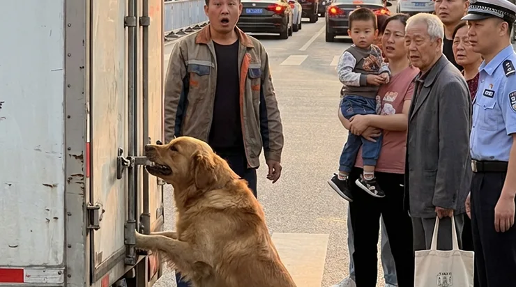 Tous les regards étaient fixés sur un grand chien qui, debout sur ses deux pattes arrière, tirait avec ses dents sur la poignée de la porte arrière du camion