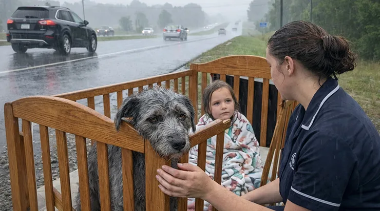 Sous une pluie torrentielle, une serveuse découvre un lit brisé, et à côté de lui, un chien