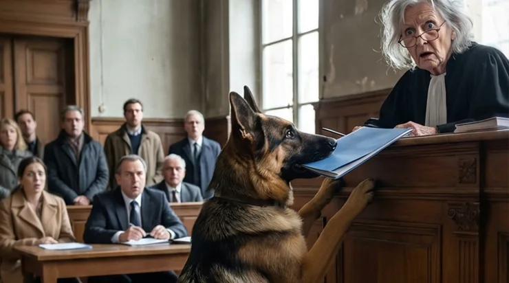 Au moment le plus tendu du procès, le chien policier s’est approché du bureau du juge, a saisi les documents, puis s’est assis au milieu de la salle avec un regard innocent