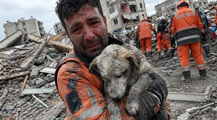 Après 8 heures d’opérations de sauvetage, j’ai réussi à sortir ce chien des décombres