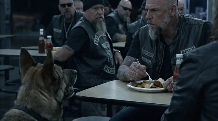 Un chien sale et haletant surgit dans la nuit au milieu des motards et, de ses yeux presque humains, implora silencieusement l’aide d’un biker solitaire