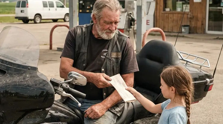 Un motard de 60 ans s’arrête à une station-service, jusqu’à ce qu’une fillette de six ans lui tende une lettre demandant de l’aide