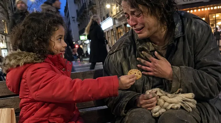 Une petite fille, dans une rue glaciale d’hiver, partagea son dernier biscuit avec une femme sans-abri