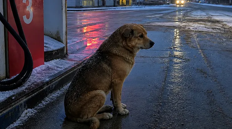 Un chien est resté assis toute la semaine à côté de la troisième pompe de ma station-service, ignorant la neige et le froid glacial