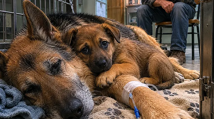 Un chien de quatorze ans, épuisé par le cancer, passait sa dernière nuit à la clinique lorsqu&rsquo;on déposa à côté de lui un tout petit chiot dont personne n&rsquo;attendait rien, sauf lui