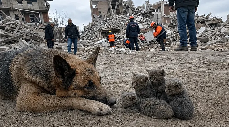 Dans un quartier dévasté par une tempête, un berger allemand a sorti quatre chatons des décombres en une demi-heure