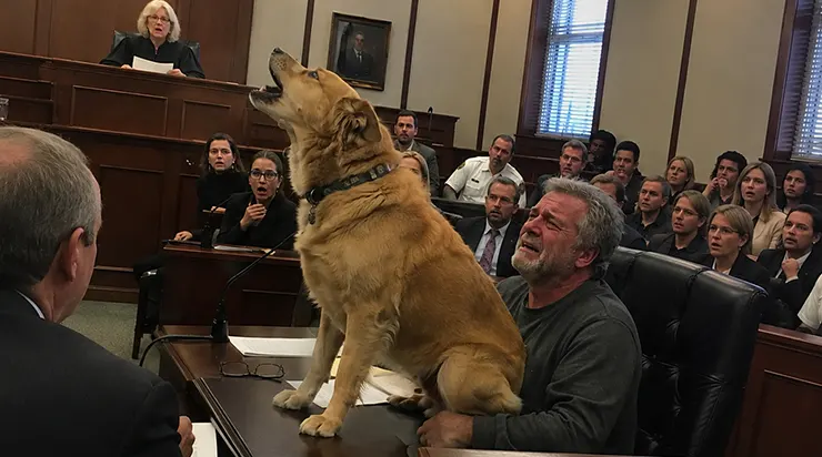 Lors de l&rsquo;ultime audience d&rsquo;un procès qui s&rsquo;étirait depuis trois ans, le chien de l&rsquo;accusé monta sur la table et se mit à tourner en son centre, aboyant pour la défense de son maître