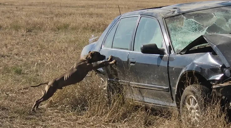 Il avait saisi la poignée de la portière de la voiture accidentée entre ses dents et il tirait de toutes ses forces