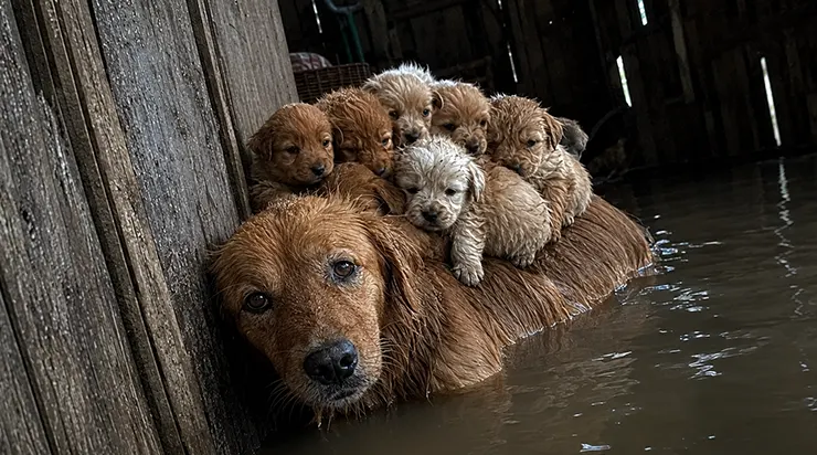 Resté vingt-deux heures dans l&rsquo;eau d&rsquo;une grange, le chien pouvait à peine bouger, mais tous les chiots qu&rsquo;il avait protégés étaient encore secs