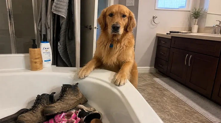 Notre golden retriever de quatre ans connaît l&rsquo;orage avant nos portables – elle range toutes nos chaussures dans la baignoire