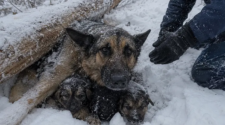 Dans la neige, ils n&rsquo;avaient trouvé qu&rsquo;un pelage gelé et des yeux épuisés. Ce chien avait protégé ses petits avec son propre corps pendant des jours.