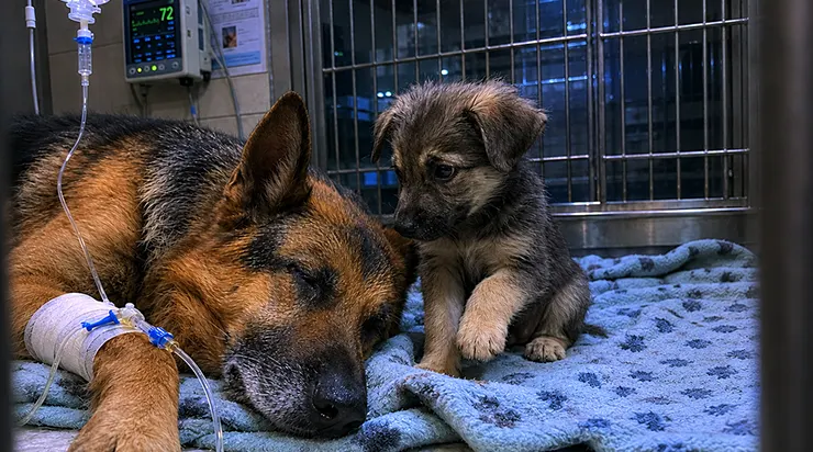 La dernière nuit d’un vieux berger allemand dans une clinique vétérinaire s’est transformée en premier véritable refuge pour un petit chiot abandonné
