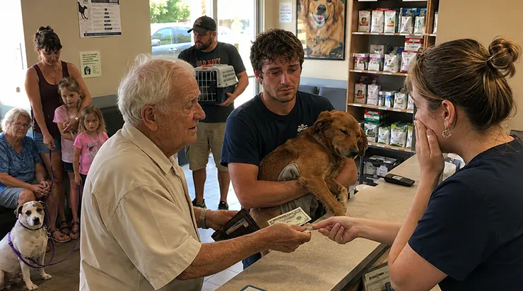 Tout s’arrêta dans la salle d’attente lorsqu’un vieil homme compatissant sauva la vie d’un chien inconnu avec ses dernières économies