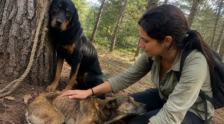Dans une forêt, un rottweiler était attaché à un arbre, et à ses côtés, un chien errant avait passé des jours à ronger la corde avec ses dents pour tenter de le libérer