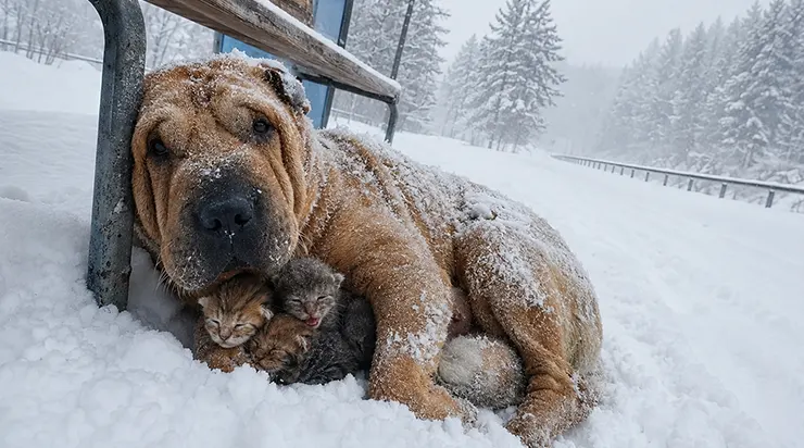 Les montagnes étaient silencieuses après la tempête, et la seule chaleur qui demeurait dans ce désert blanc se trouvait sous la poitrine glacée d&rsquo;un chien qui y avait abrité quatre vies inconnues