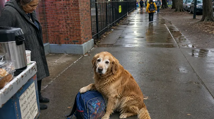 Chaque matin, à 8h14 précises, un vieux chien doré traverse le trottoir avec un petit sac à dos d&rsquo;enfant dans la gueule