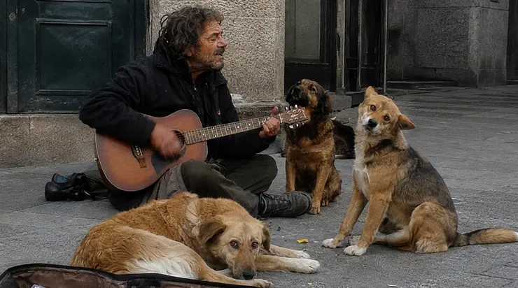 Tout le monde voyait un guitariste au bord du trottoir, mais seuls deux chiens malades savaient qui il était vraiment