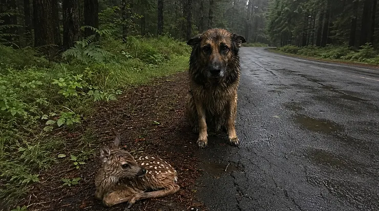 Un berger allemand se tenait au bord de la route pour protéger un faon nouveau-né