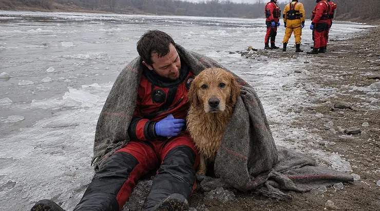 Le golden retriever tremblait dans le courant glacé de la rivière de montagne