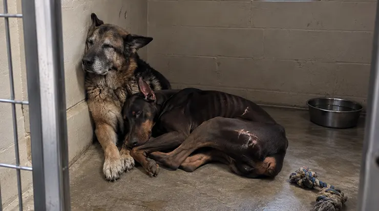 Un dobermann d&rsquo;un an, ayant complètement renoncé à la vie, et une femelle berger allemand aveugle de douze ans, perpétuellement ignorée par les visiteurs, se sont sauvés mutuellement en une seule nuit