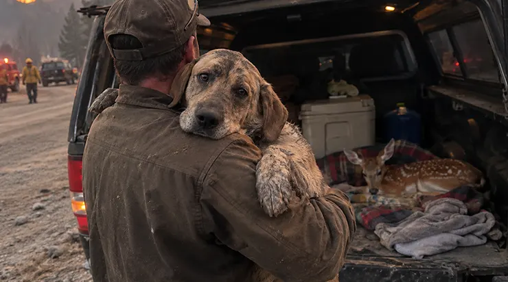 J’ai aperçu un chien dans la fumée, tenant un faon par la patte et s’obstinant à le tirer hors de la forêt