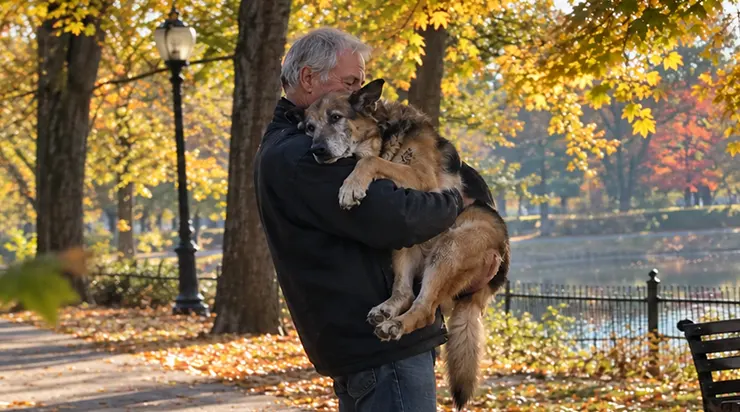 Pendant quatorze ans, ce chien avait été son ombre et son bouclier. Aujourd’hui que ses pattes le trahissent, son maître le porte chaque matin pour lui rendre tout cet amour